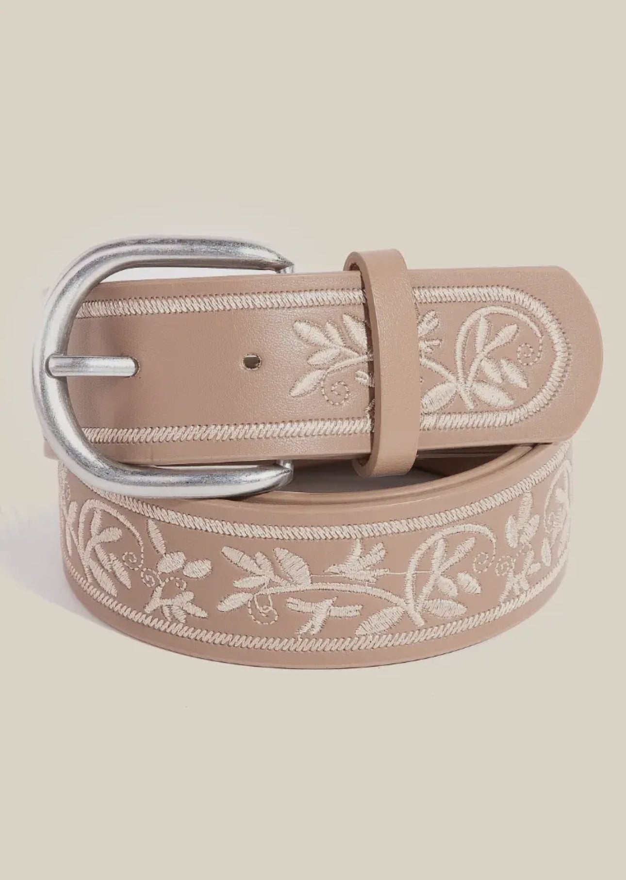 Floral Embroidered Belt - Tan