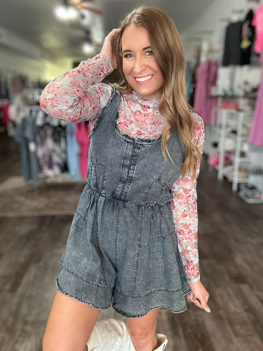 Meet Me In The Garden Lace Top - Grey Blue/Pink Floral